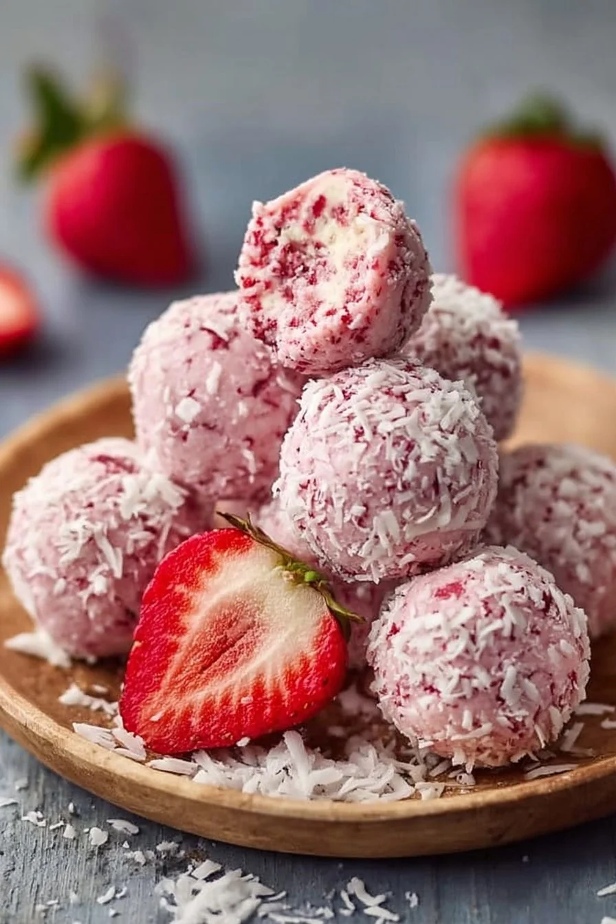 Delicious strawberry cheesecake protein balls, a healthy snack option