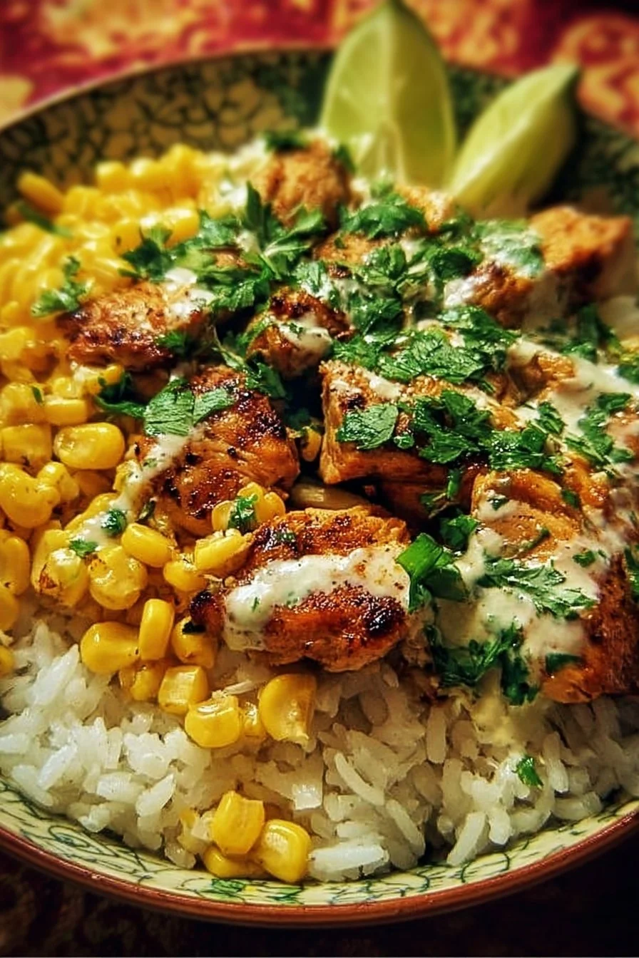 Street Corn Chicken Rice Bowl 2 Delicious Street Corn Chicken Rice Bowl topped with fresh ingredients.