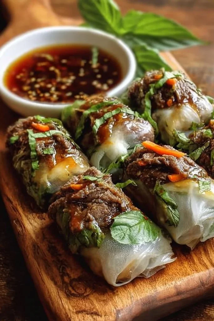 Thai Basil Beef Rolls served with dipping sauce