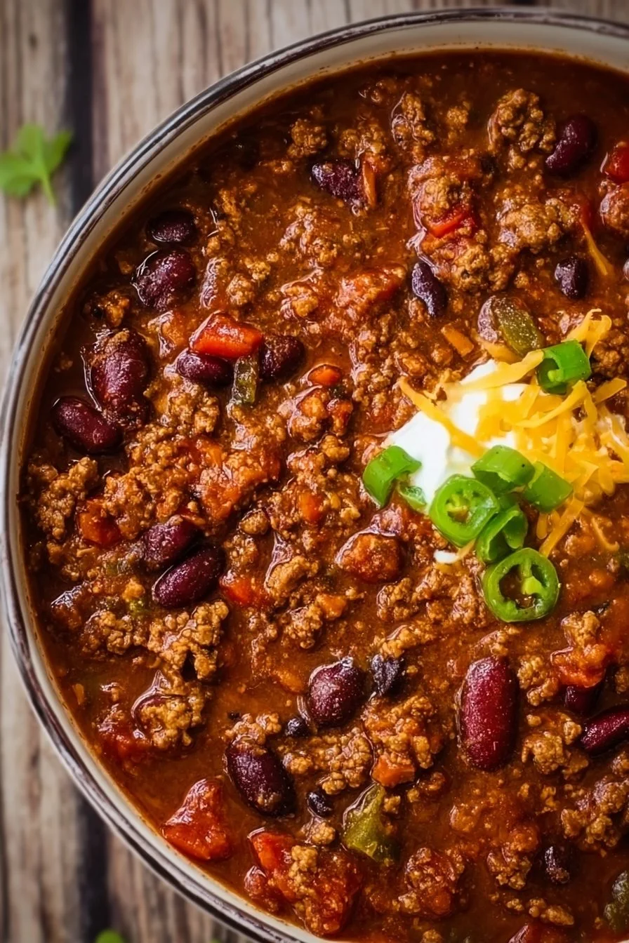 Healthy stovetop turkey chili in a bowl garnished with fresh herbs.