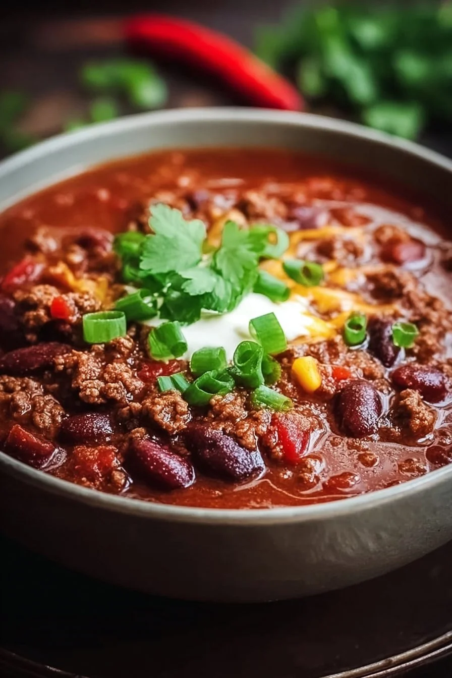 Bowl of hearty turkey chili garnished with fresh herbs and served hot.
