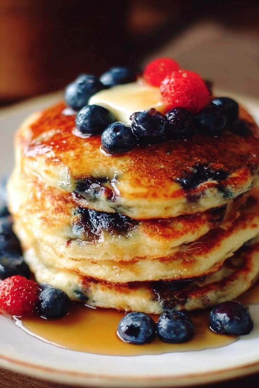 Plate of delicious vegan protein pancakes stacked with fresh fruit