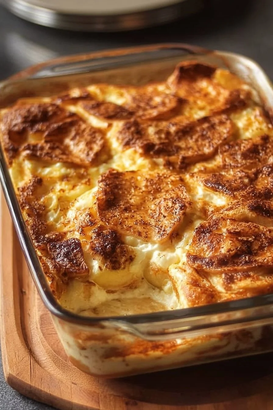 Apple Cinnamon Cottage Cheese Bake topped with apples and cinnamon in a dish.