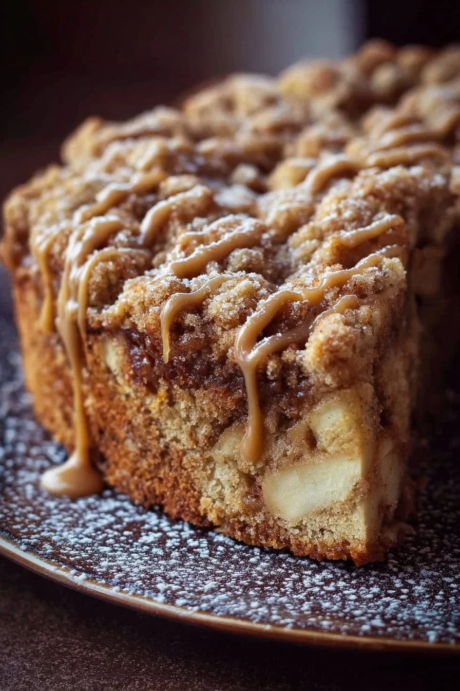 Slice of homemade Apple Crumb Cake with a golden crumb topping