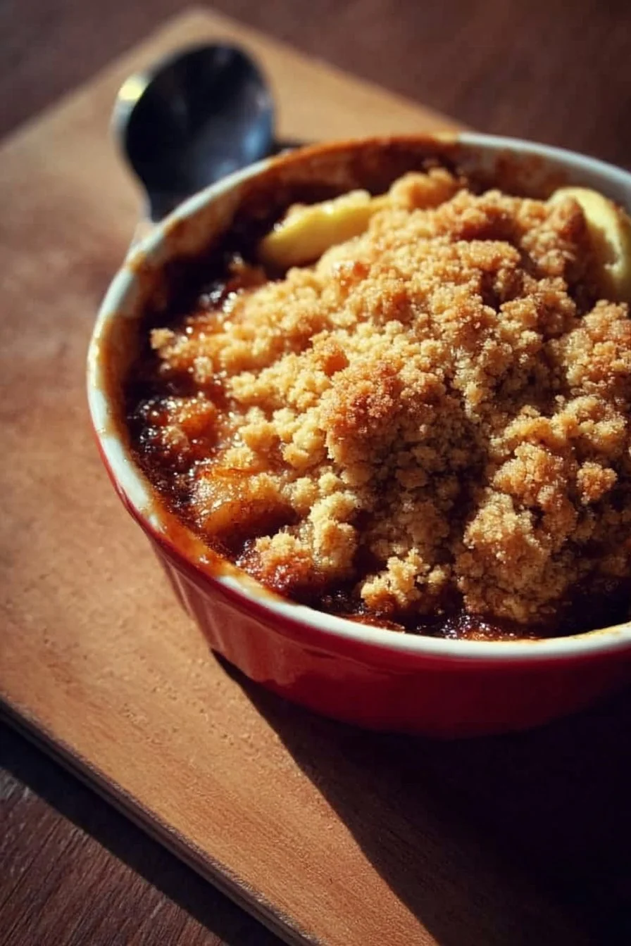 Delicious Apple Crumble dessert with a crispy topping and fresh apple filling