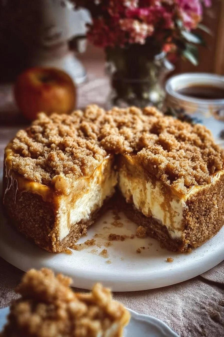 Apple Crumble Cheesecake 2 Delicious apple crumble cheesecake topped with a crunchy crumble and fresh apples