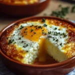 Baked eggs with cottage cheese served in a rustic dish, garnished with herbs.