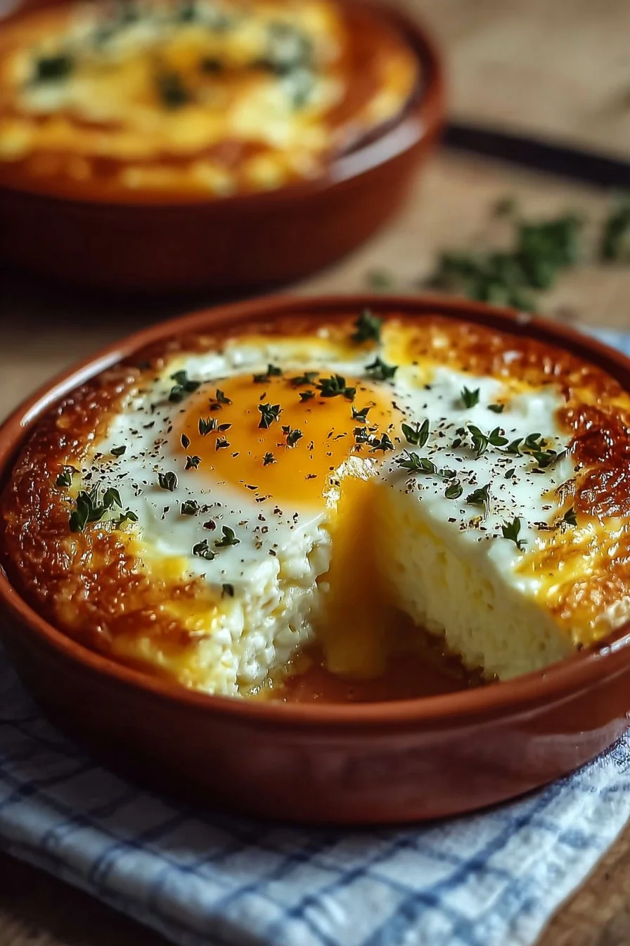 Baked eggs with cottage cheese served in a rustic dish, garnished with herbs.