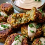 Baked Falafel served with creamy Tahini Sauce on a plate