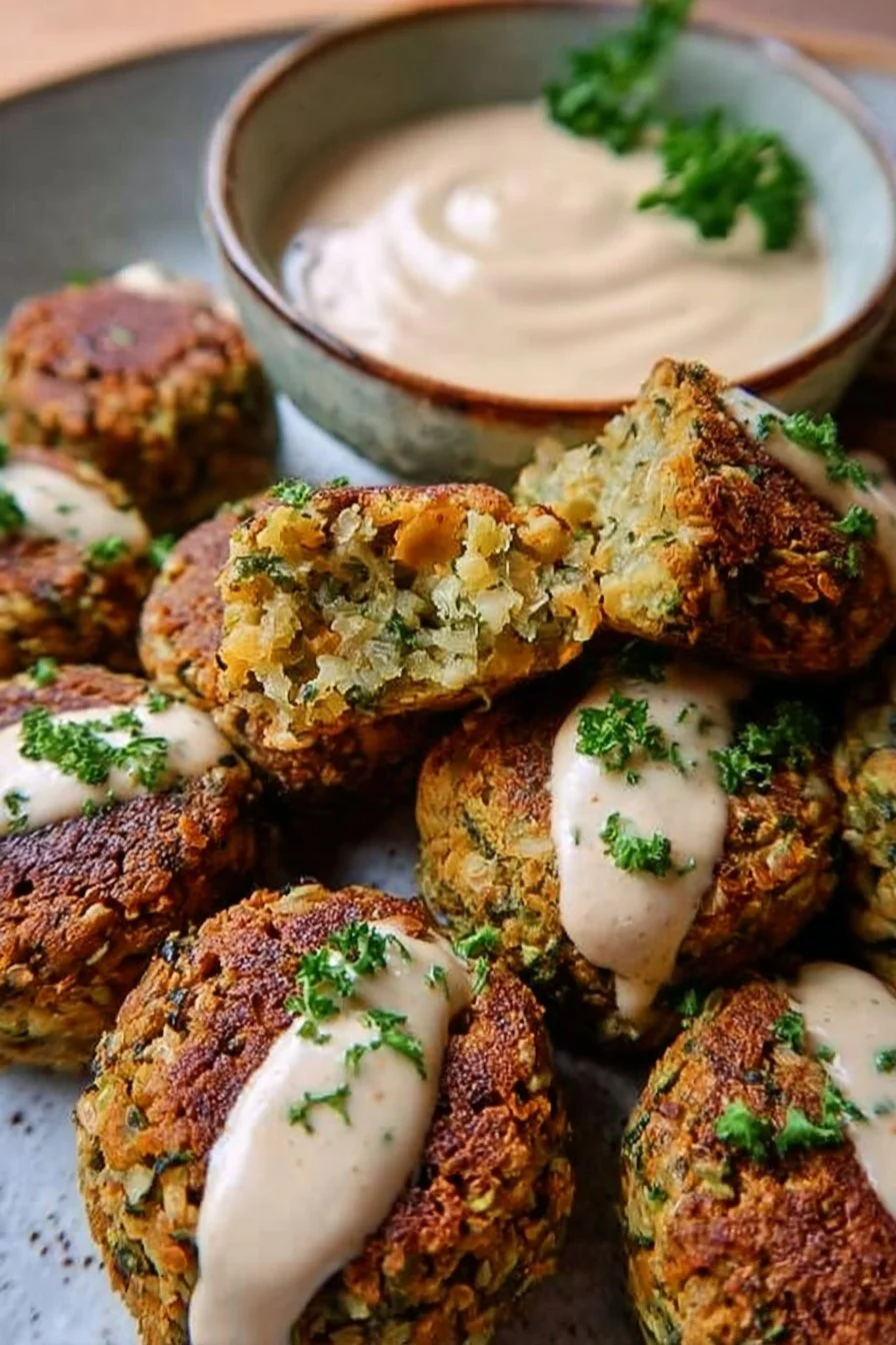 Baked Falafel served with creamy Tahini Sauce on a plate