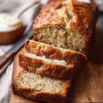 Homemade banana bread with applesauce and yogurt on a wooden table.