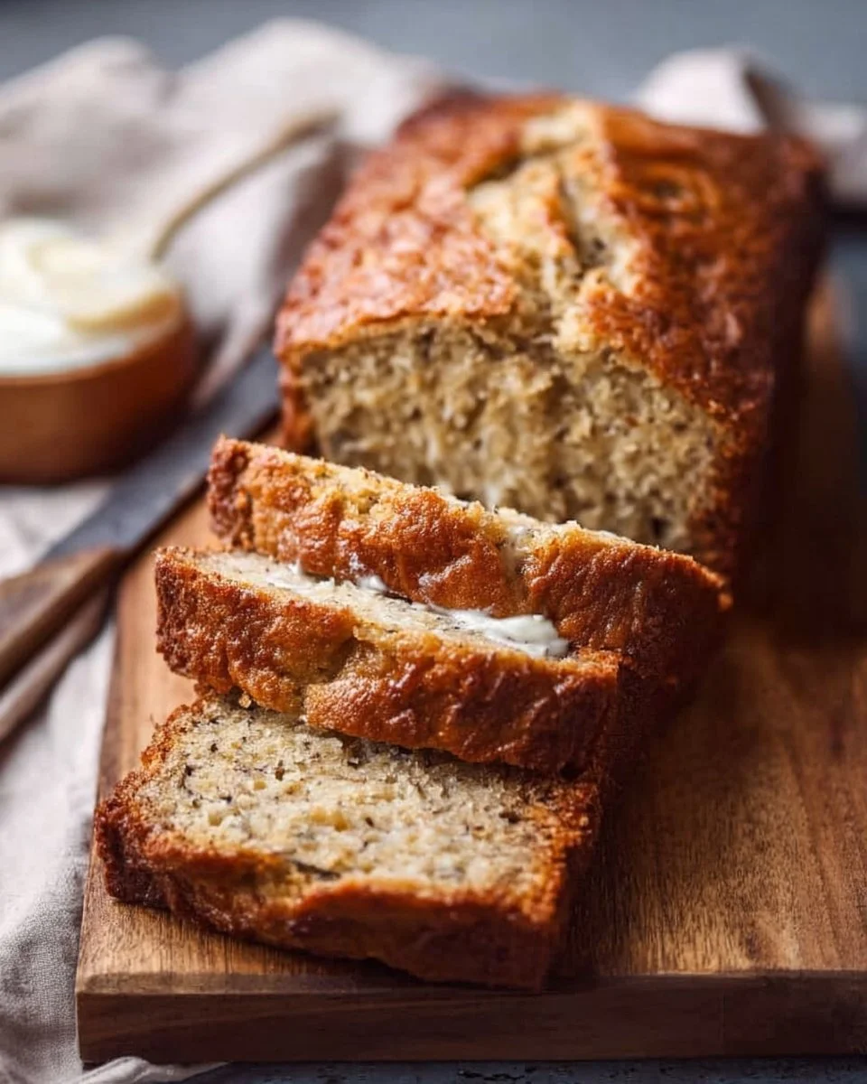 Homemade banana bread with applesauce and yogurt on a wooden table.