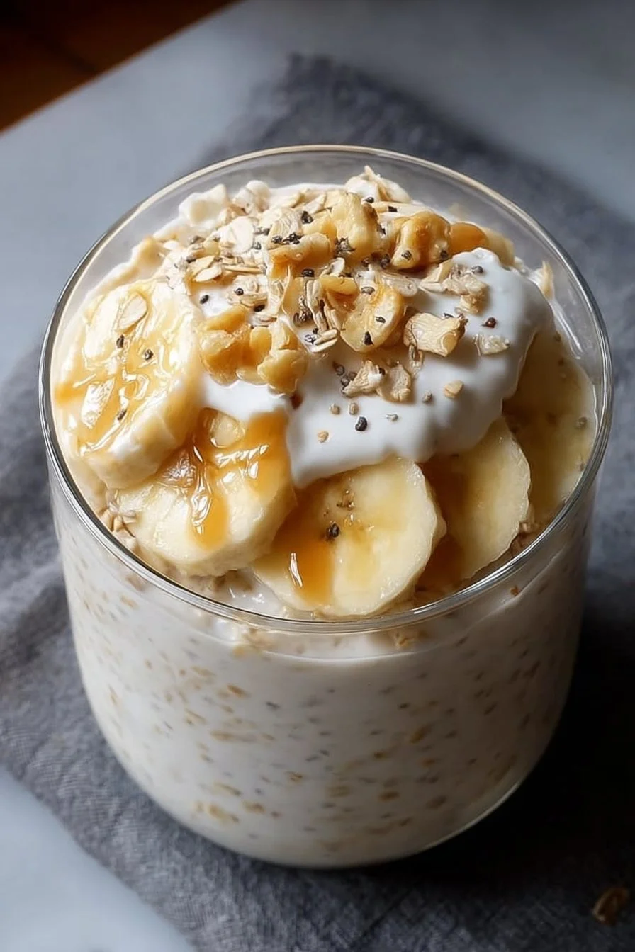 Banana Cream Pie Overnight Oats 3 Delicious Banana Cream Pie Overnight Oats topped with sliced bananas and whipped cream.