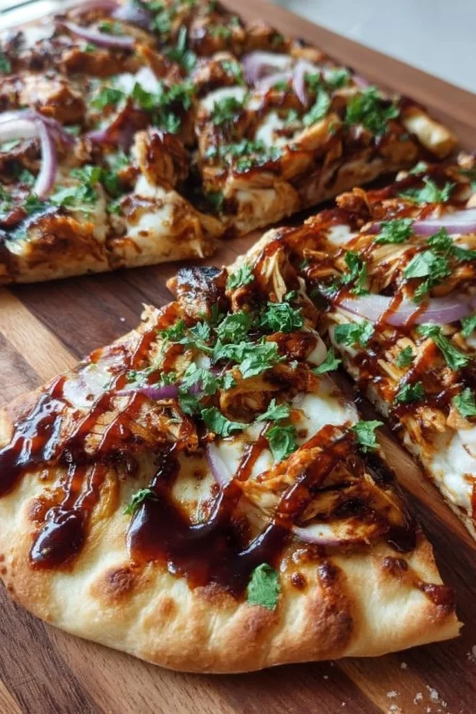 BBQ Chicken Flatbread garnished with herbs and drizzled with sauce.