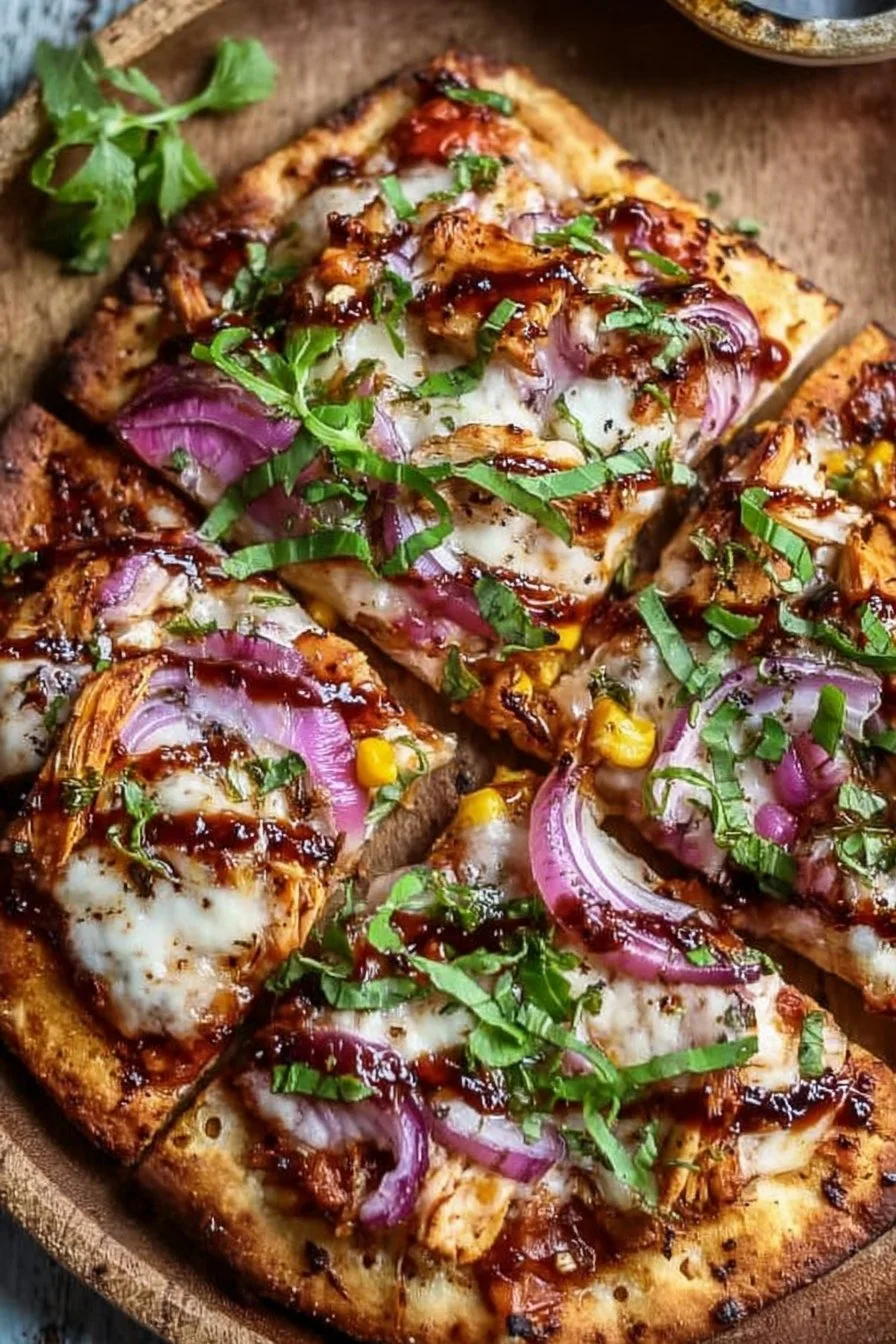 Delicious BBQ chicken flatbread topped with fresh ingredients and drizzled sauce