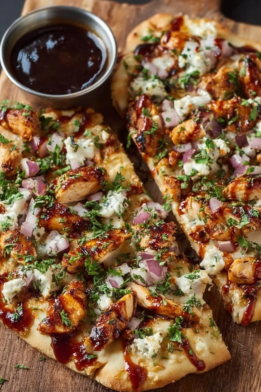 BBQ chicken flatbread topped with fresh ingredients and drizzled with sauce.