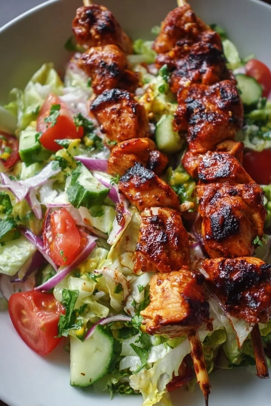 BBQ Chicken Skewer Salad 3 BBQ chicken skewer salad with colorful vegetables and grilled chicken