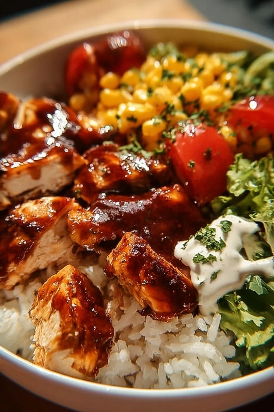 BBQ Ranch Chicken Bowl 3 BBQ Chicken Bowl with ranch dressing and fresh toppings