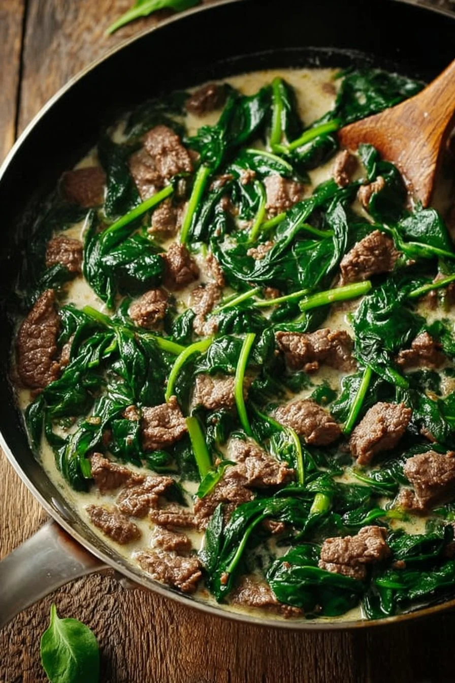 Beef and Spinach Skillet cooked with fresh vegetables and spices