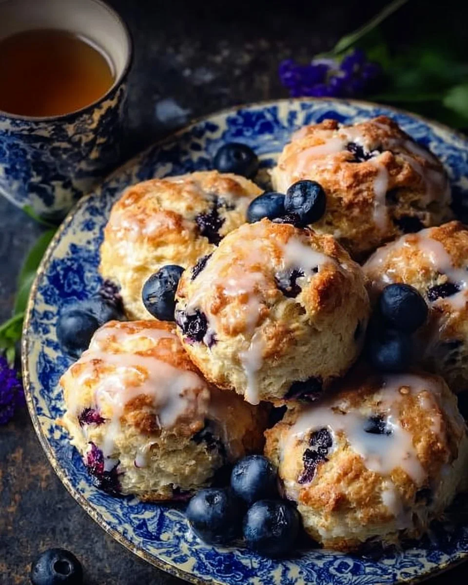 Blueberry Biscuits Recipe - Flaky, Fruity & Glazed to Perfection 2 Flaky blueberry biscuits glazed to perfection, ready to be enjoyed.