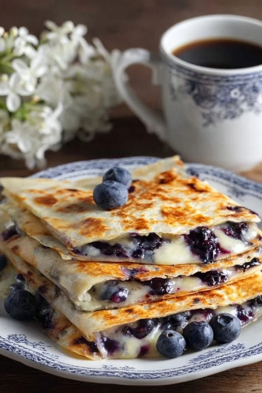 Blueberry breakfast quesadilla served on a plate with fresh blueberries