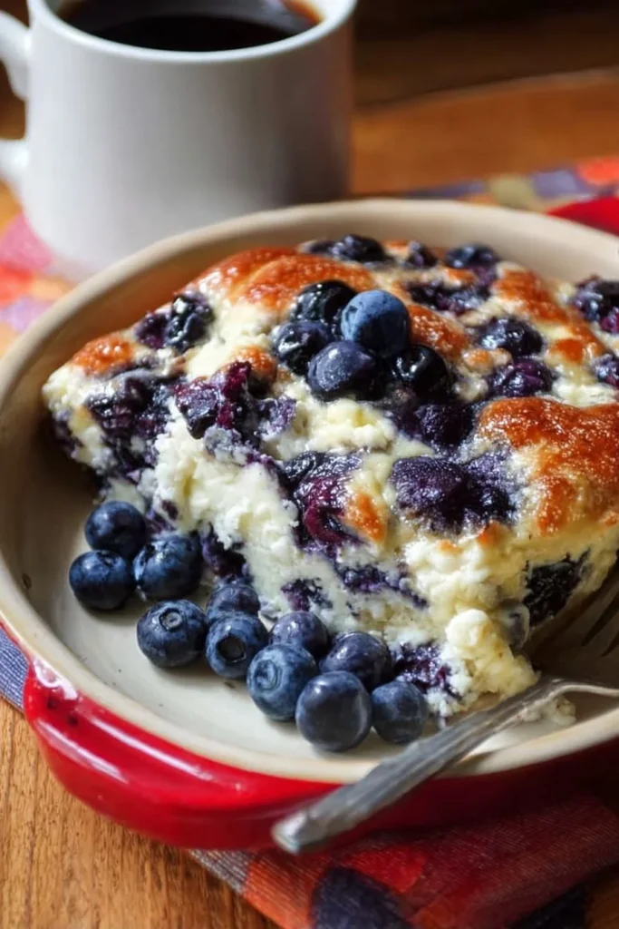 Blueberry Cottage Cheese Breakfast Bake served in a dish with fresh blueberries on top.