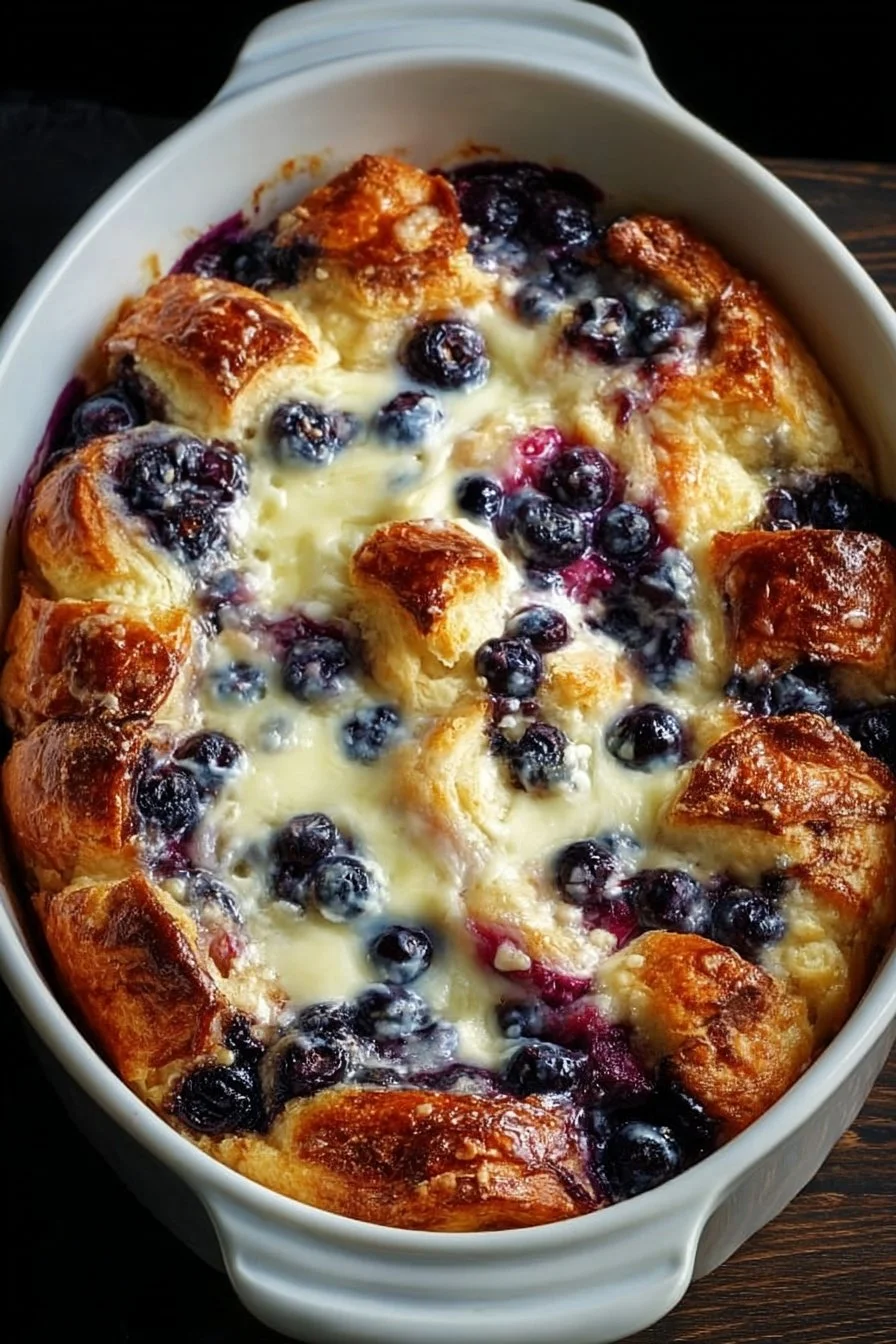 Blueberry cream cheese croissant casserole baked with fresh blueberries and croissants