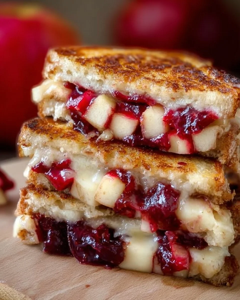 Brie Apple Cranberry Grilled Cheese sandwich with melted cheese and fresh ingredients