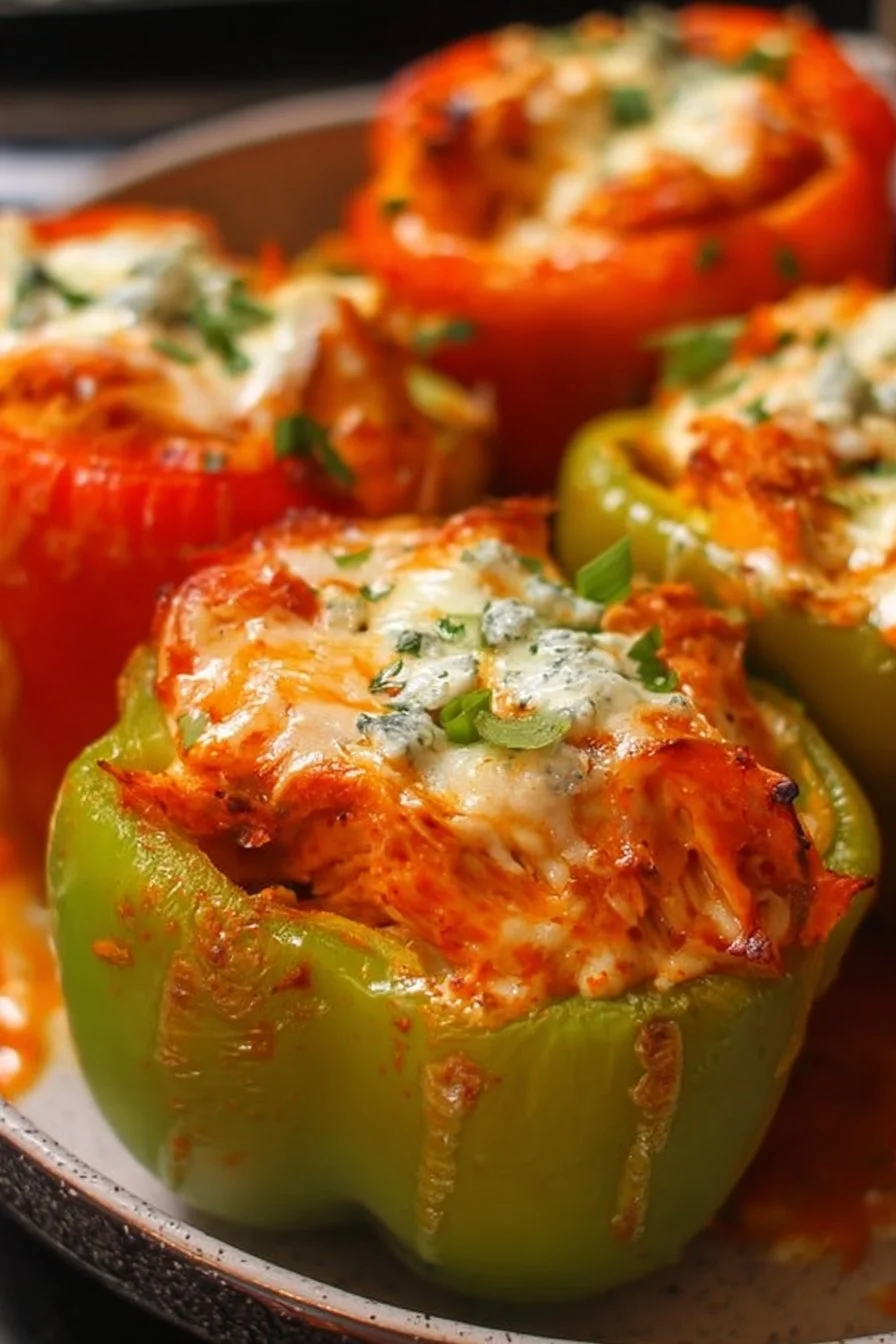 Buffalo Chicken Stuffed Peppers 3 Buffalo Chicken Stuffed Peppers on a plate ready to serve