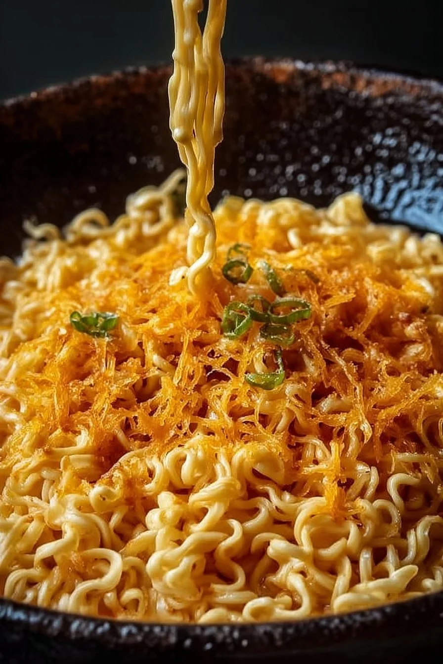 Bowl of cheesy ramen noodles topped with green onions and cheese