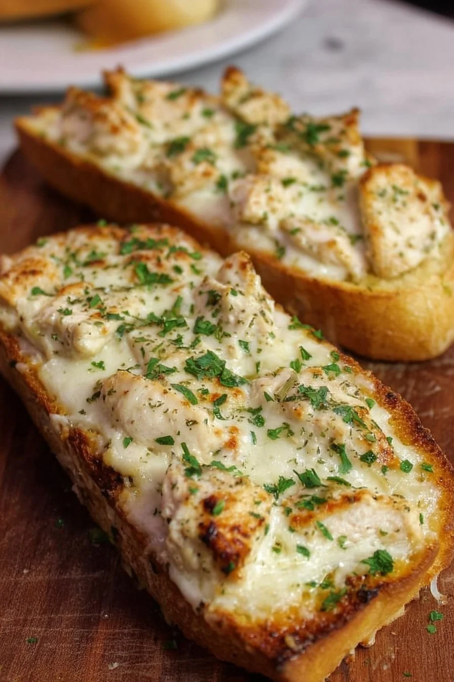Delicious Chicken Alfredo served with garlic bread on a rustic table.