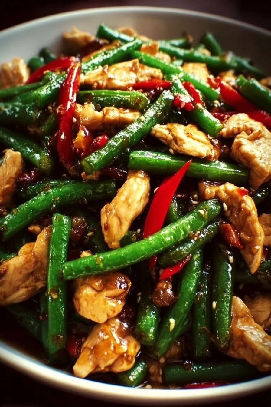 Chicken and green bean stir-fry dish served in a bowl with colorful vegetables