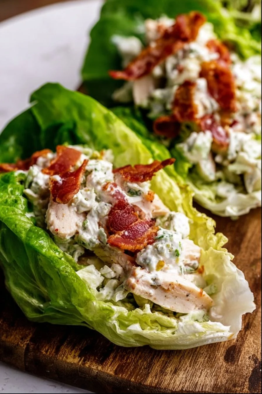 Chicken Bacon Ranch Lettuce Wraps 3 Chicken Bacon Ranch Lettuce Wraps with greens and toppings