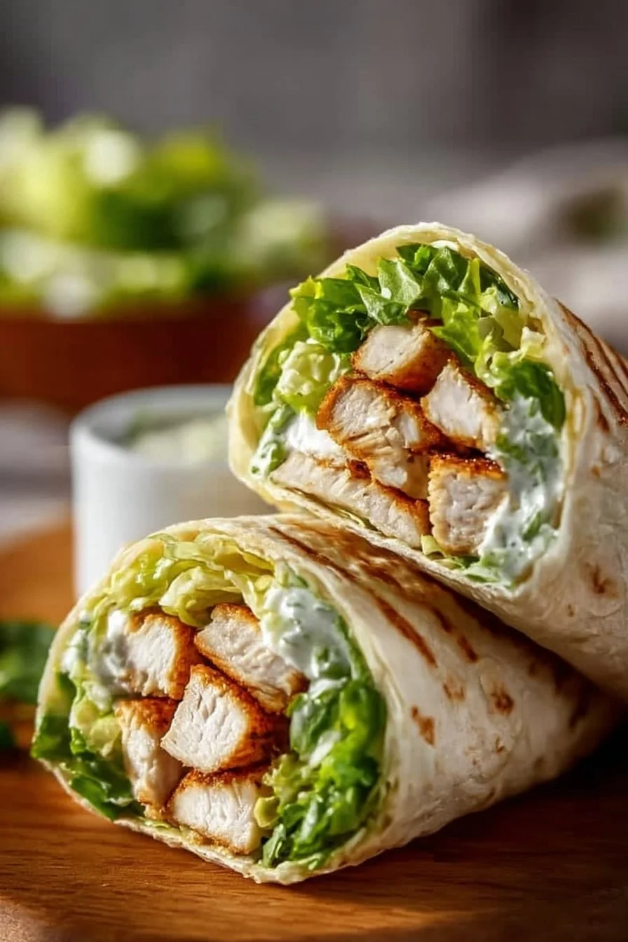 Chicken Caesar Wraps 3 Delicious Chicken Caesar Wraps filled with grilled chicken, lettuce, and Caesar dressing.