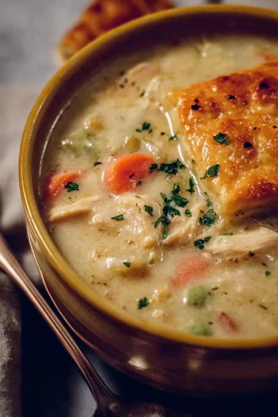 Delicious Chicken Pot Pie Soup served in a bowl, garnished with herbs.