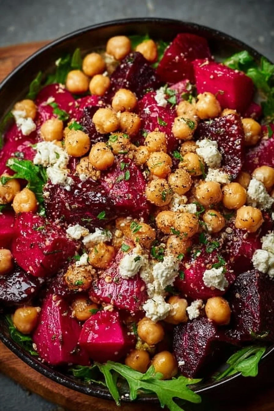 Chickpea salad with fresh beets and feta cheese served in a bowl