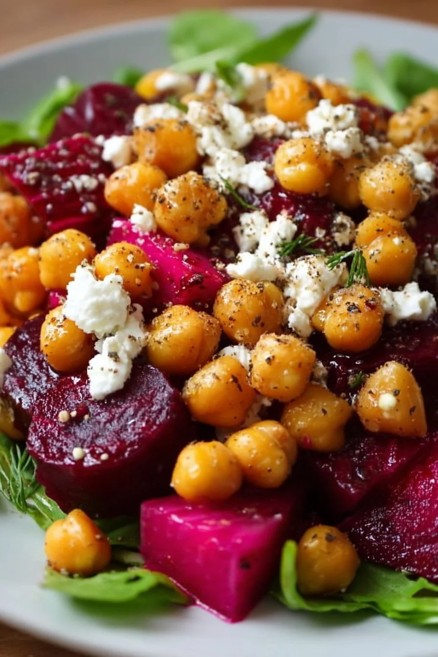 Chickpea Beet Feta Salad 3 Chickpea Beet Feta Salad with colorful ingredients served in a bowl.
