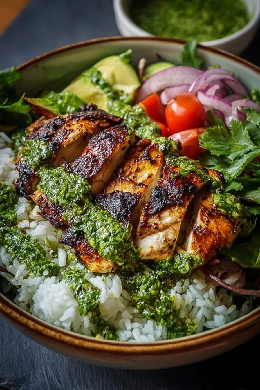Chimichurri Grilled Chicken Bowl 3 Chimichurri Grilled Chicken Bowl with fresh vegetables and herbs