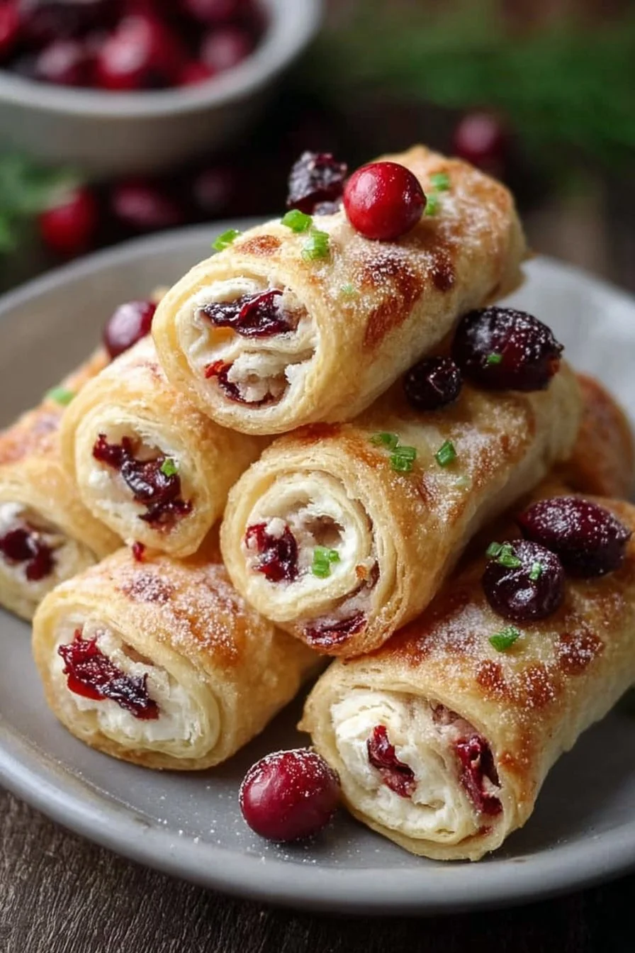 Christmas Cranberry Roll Ups 2 Festive Christmas Cranberry Roll Ups ready to serve on a holiday platter