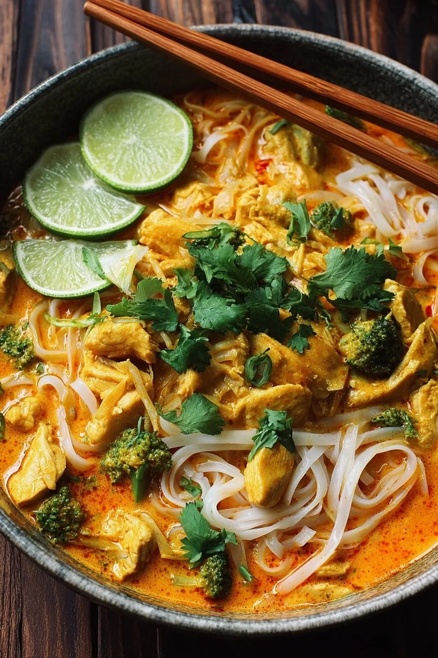 Delicious Coconut Curry Chicken served over rice noodles in a bowl.