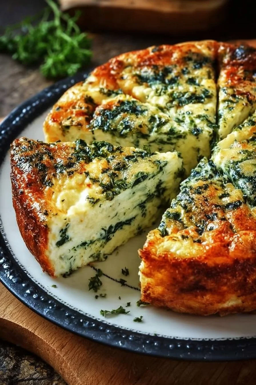 Cottage cheese and spinach crustless quiche served on a plate