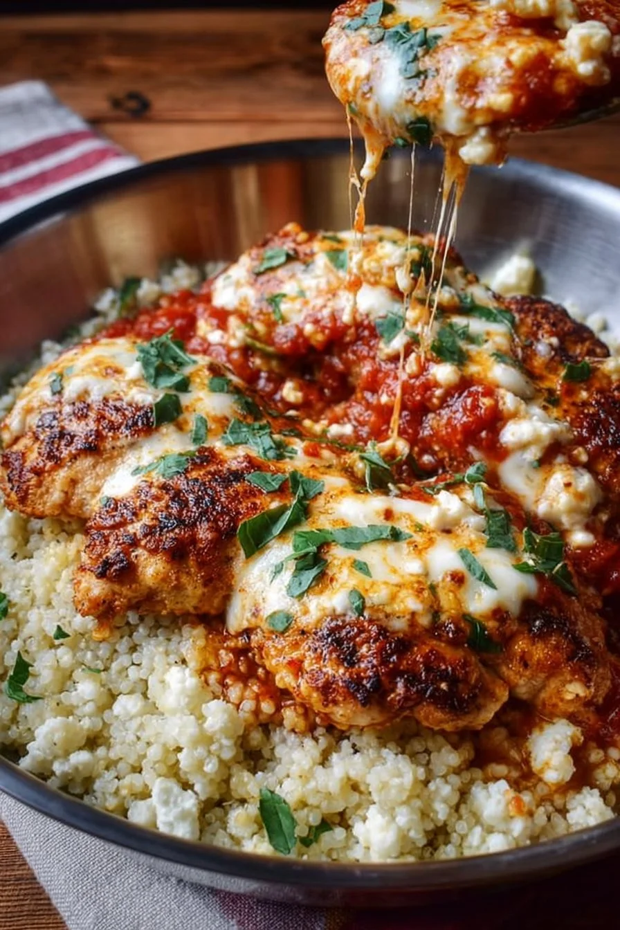 Cottage Cheese Chicken Parm Bowl 3 Cottage Cheese Chicken Parm Bowl served in a rustic dish