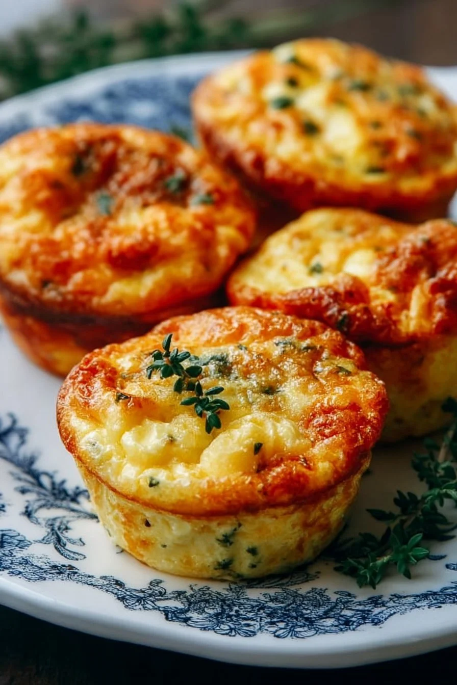 Delicious Cottage Cheese Egg Bites served on a plate with fresh herbs.