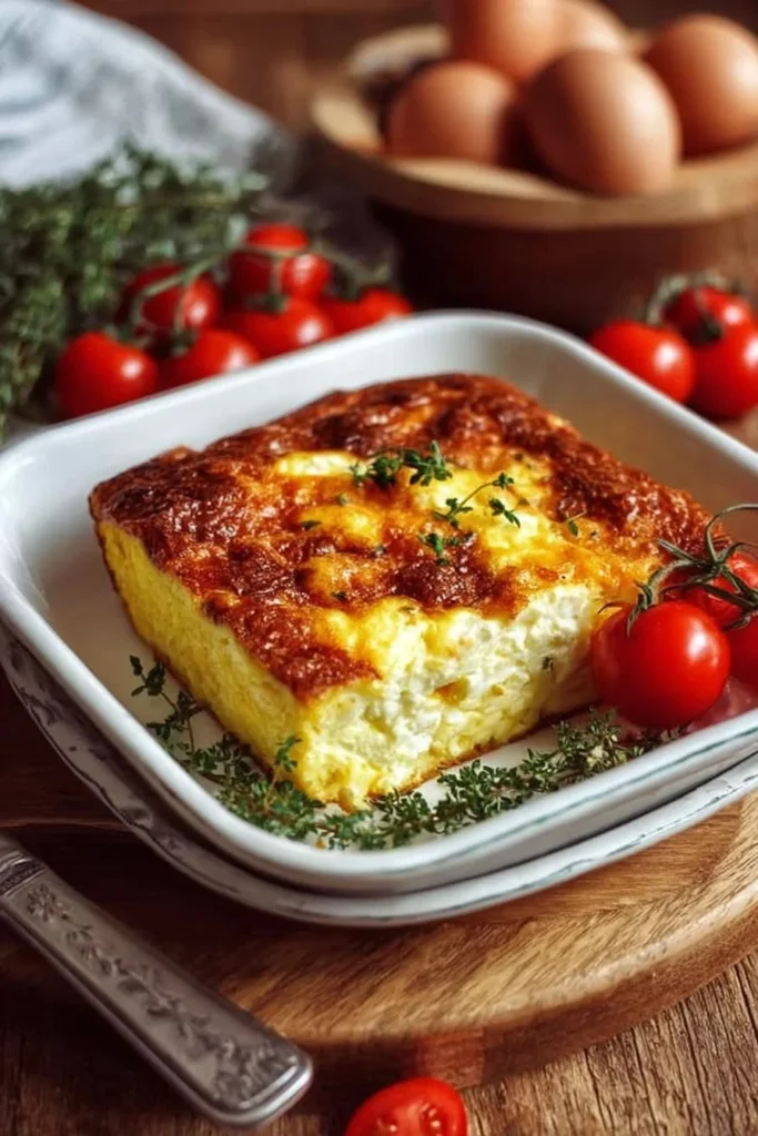 Delicious cottage cheese egg casserole served in a baking dish.