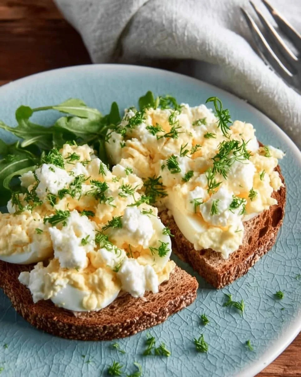 Cottage cheese egg salad made without mayo, garnished with fresh herbs.
