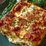 Delicious cottage cheese lasagna served in a baking dish, topped with melted cheese.