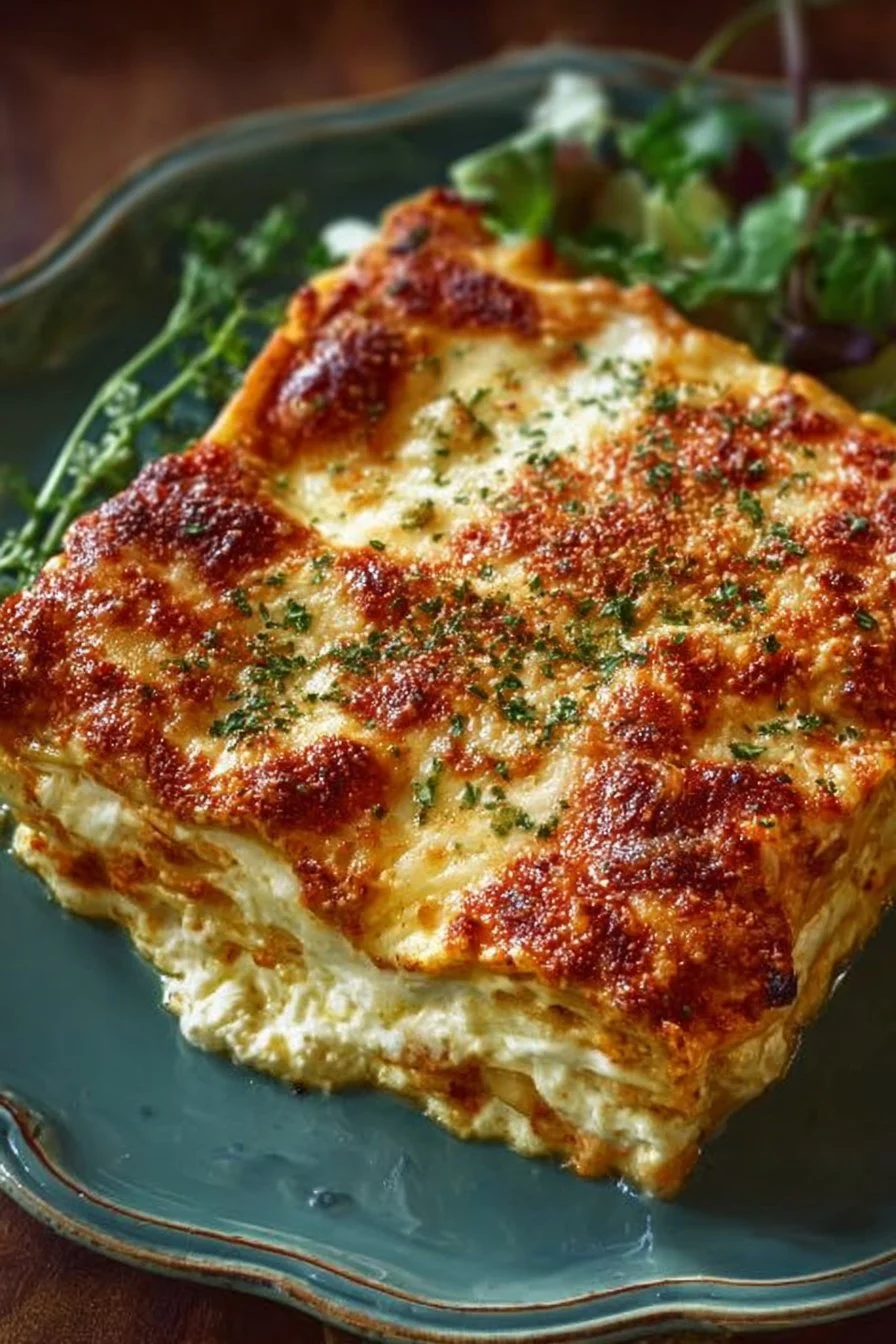 Delicious cottage cheese lasagna served in a baking dish, topped with melted cheese.