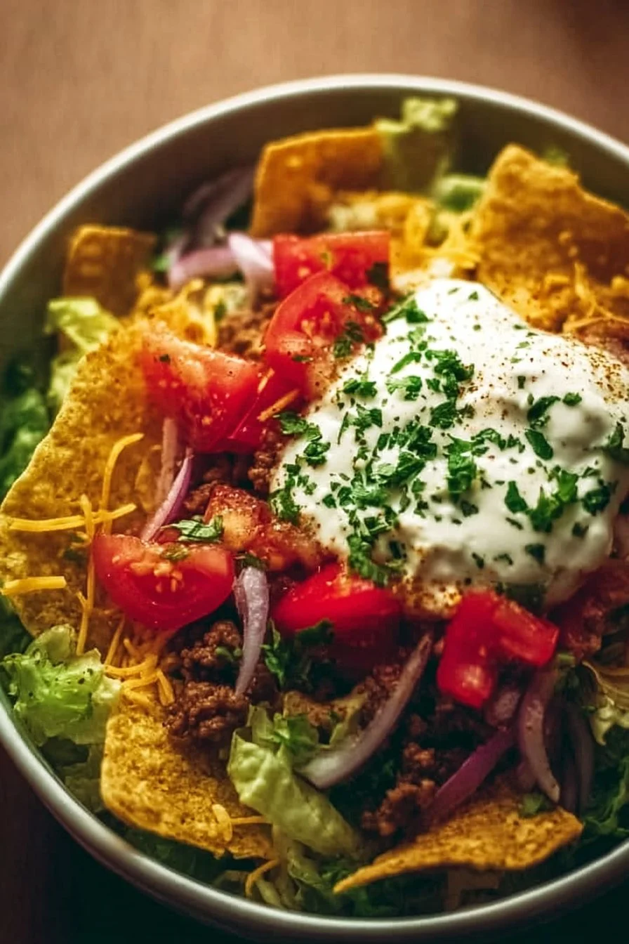 Cottage cheese nacho bowl topped with fresh ingredients and nacho toppings.