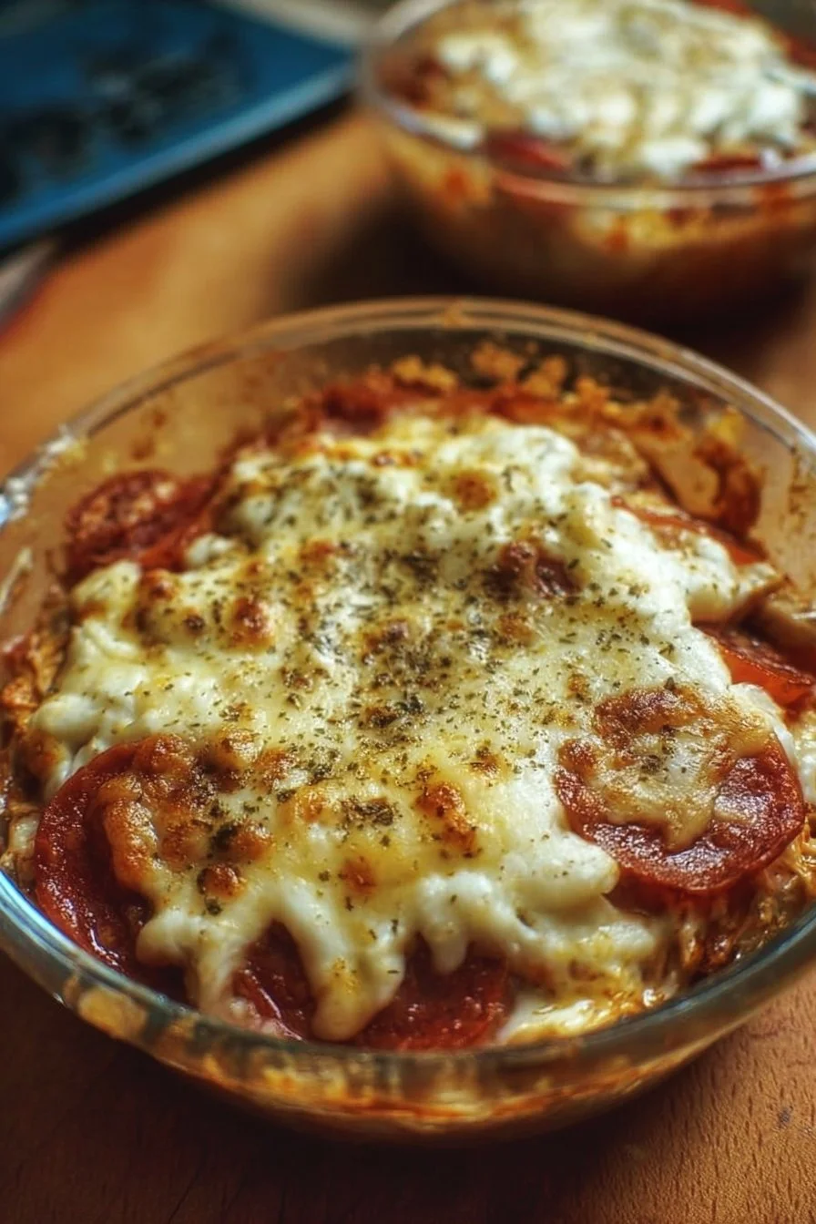 Cottage Cheese Pizza Bowl 3 Delicious Cottage Cheese Pizza Bowl topped with fresh vegetables and herbs.