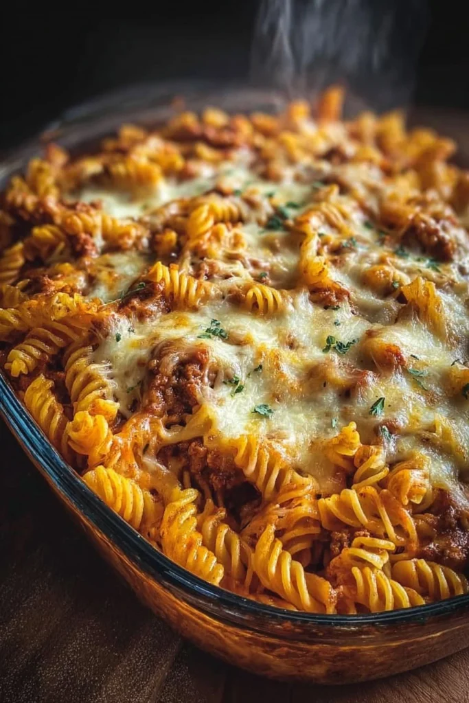 Cottage Cheese Protein Pasta Bake served in a dish with fresh herbs and cheese